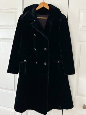 Vintage Borgazia by Sportowne Faux Fur Long Coat Black Double Breasted Medium